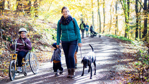 Barrierefrei Natur erleben Personen, Kind und Hund gehen im Wald spazieren. Eine Person sitzt im Rollstuhl