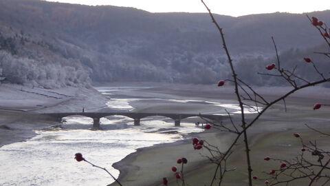 Aseler Brücke im Winter mit fast leerem Edersee