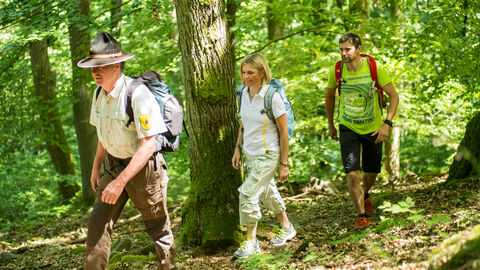 Menschen gehen mit Ranger im Wald wandern