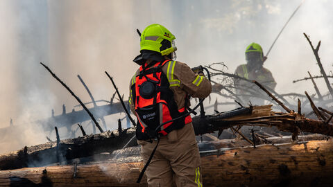 Einsatz der Feuerwehr Person der Feuerwehr löscht einen Waldbrand