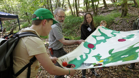 Mehrere Personen spielen im Wald ein Spiel