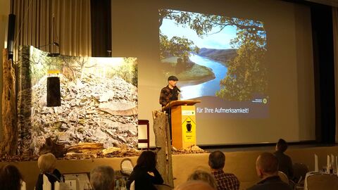 Eine Person spricht auf einer Bühne
