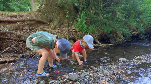 Titelfoto VAK 2025 Zwei Kinder spielen in einem Bachlauf