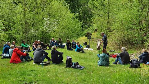 Gruppe sitzt af Wiese