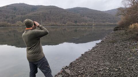 in einer grauen Landschaft am steinigen Seeufer steht ein Mann mit Rücken zur Kamera und blickt mit einem Fernglas über den See. Im Hintergrund erkennt man die bewaldeten Hügel des Nationalparks - in dieser Jahreszeit ohne Blätter an den Bäumen.