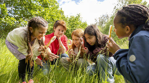 Kinder sitzen im Gras