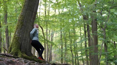 Person sitzt im Wald an einen Baum gelehnt