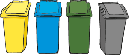 Der Rest-Müll kommt in die graue Tonne. Gemüse-Abfälle in eine grüne Tonne Papier und Pappe in eine blaue Tonne Sachen aus Plastik in eine gelbe Tonne